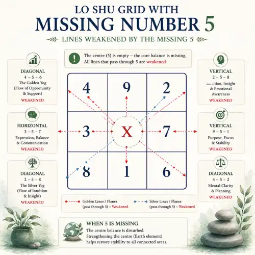 Lo Shu Grid with the Number 5 cell empty, showing the lines weakened by a missing 5
