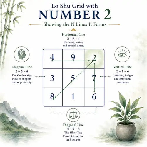 Lo Shu Grid with Number 2 highlighted in its fixed cell, showing the lines it forms
