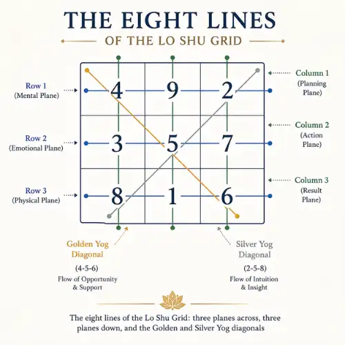 The eight lines of the Lo Shu Grid: three planes across, three planes down, and the Golden and Silver Yog diagonals