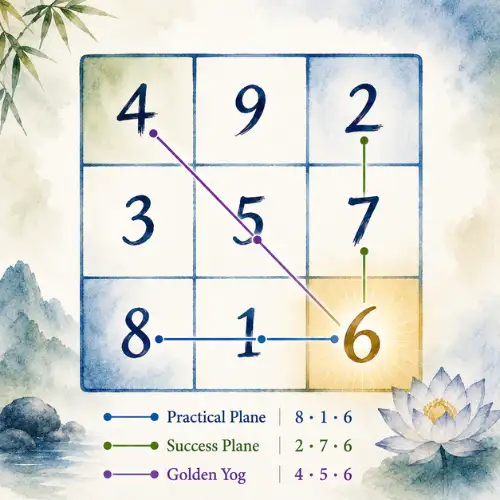 Lo Shu Grid with Number 6highlighted in its fixed cell, showing the practical plane, success planen and golden yog it forms