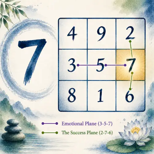 Lo Shu Grid with Number 7 highlighted in its fixed cell, showing the 2 lines it forms i.e  Emotional Plane (3-5-7) and Success Plane (2-7-6).