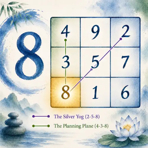 Lo Shu Grid with Number 8 highlighted in its fixed cell, showing the 2 lines it forms i.e Silver You and Planning Plane